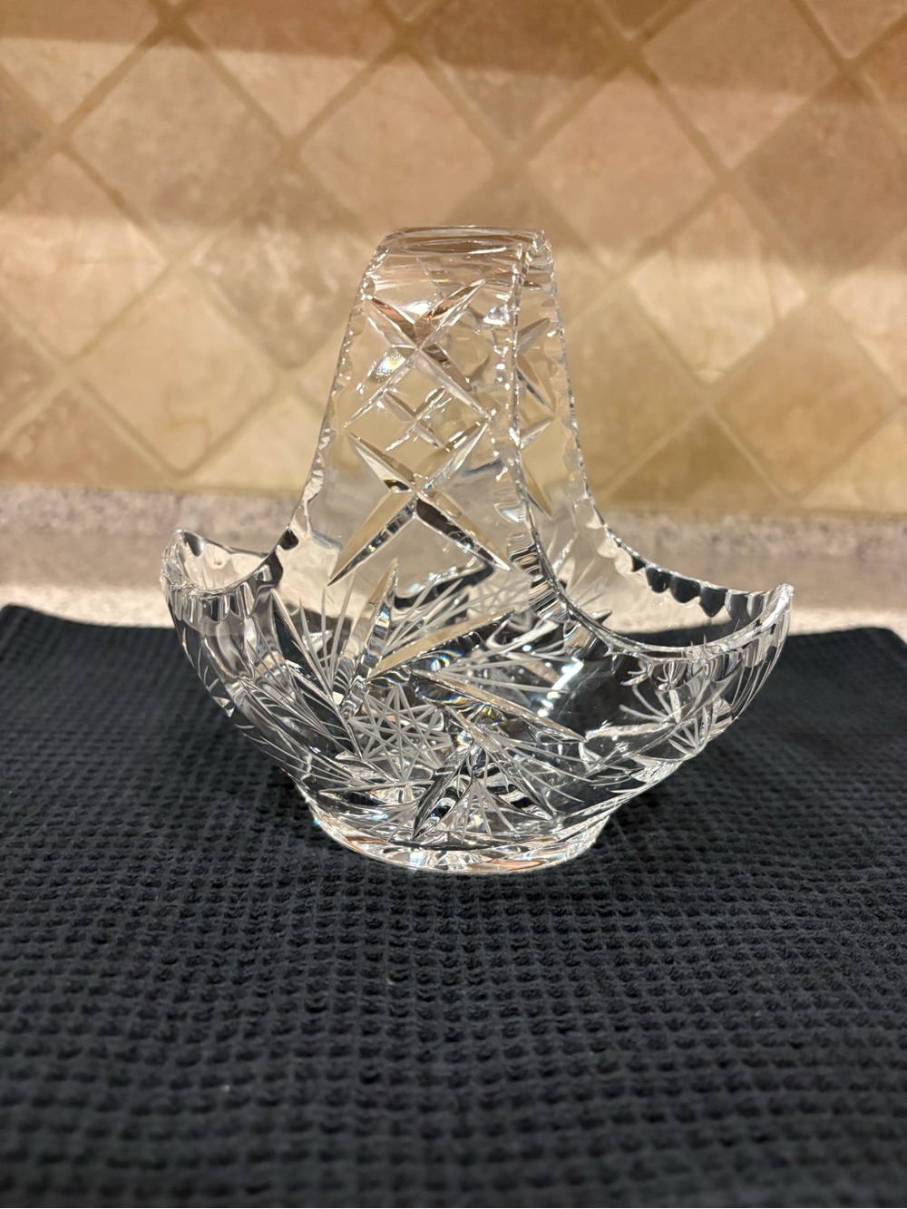 Clear Cut Glass Starburst Oval Decorative Basket with Handle